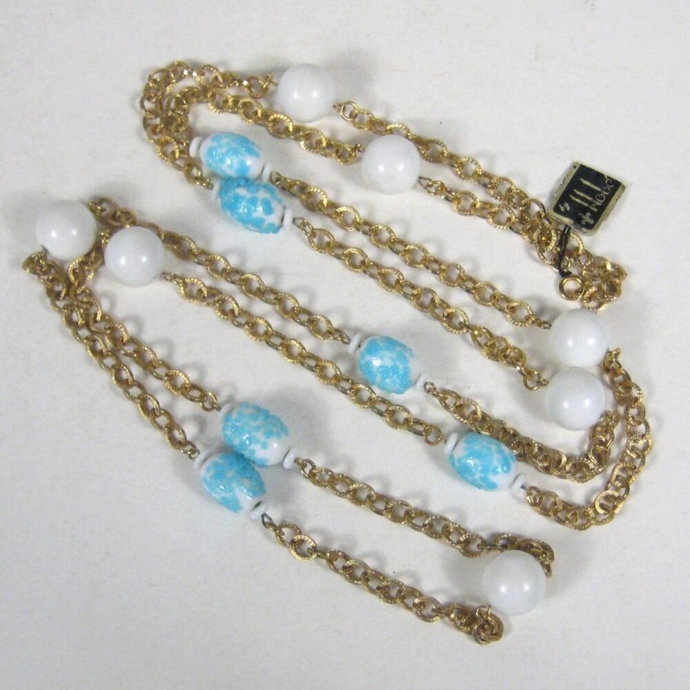 Hobe Vintage Estate Necklace Chain Goldtone 56 Inch Rope Tag Glass Beaded
